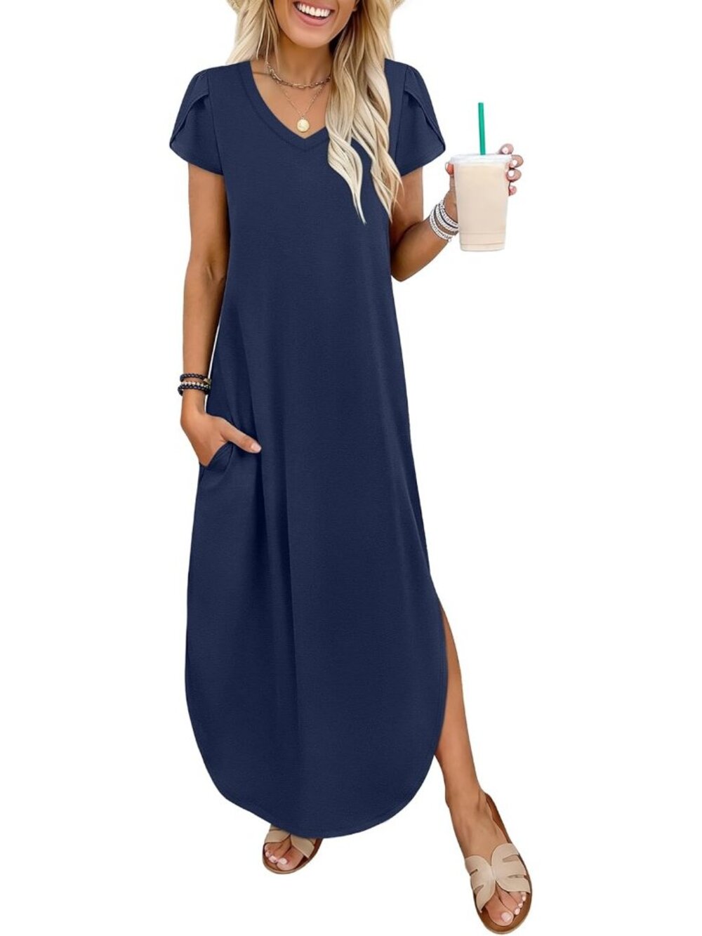 Women's Navy Blue V Neck Maxi Sundress Summer Casual Short Sleeve Split Pockets